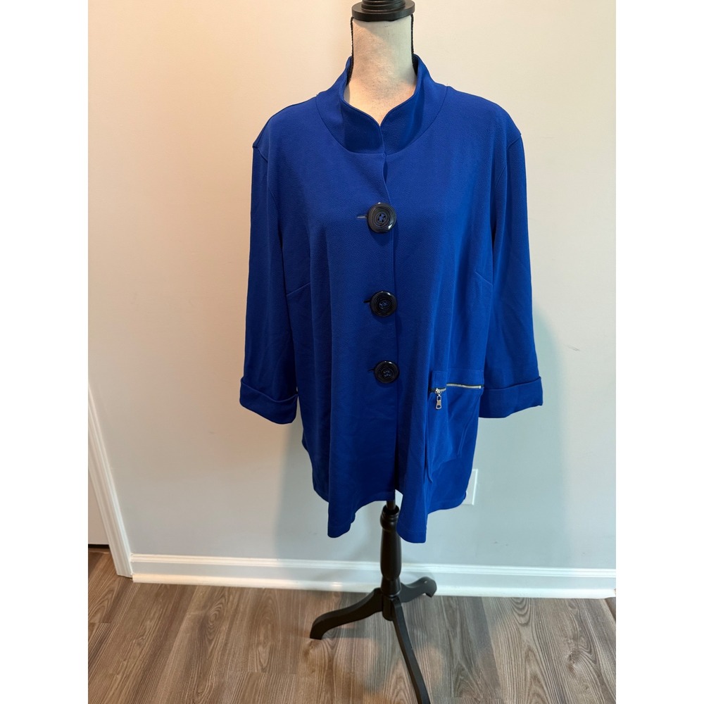 Ali Miles Royal Blue Textured Knit Jacket Mock Neck Zip Pocket Women's size XL
